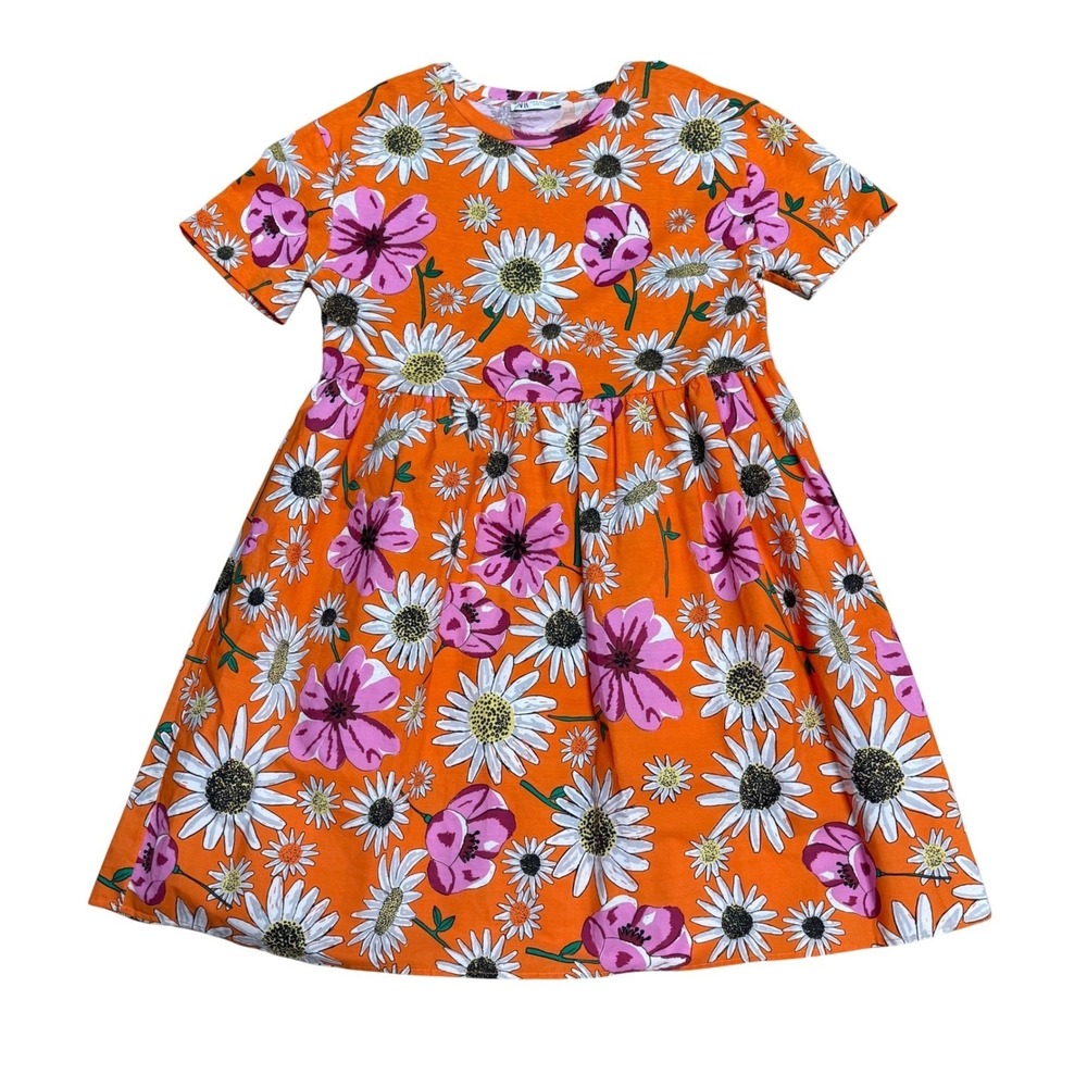 Zara Floral T-Shirt Dress Women Size M 100% cotton Orange Cottage Cute Summer